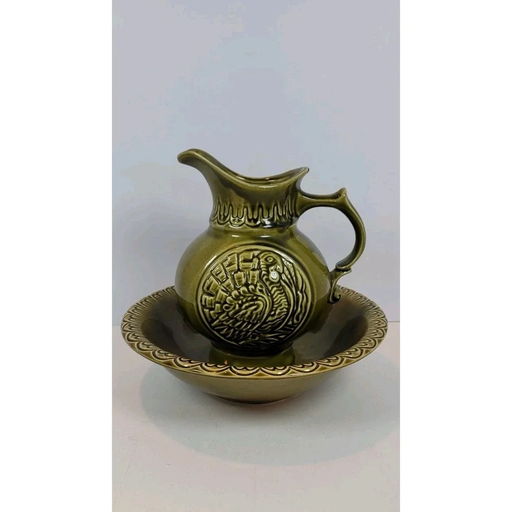 Vintage McCoy Pottery Thanksgiving TURKEY Wash Basin & Pitcher Olive‎ Green